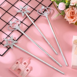 VioraWhite 12 Pcs Silver Star Wand 13 Inch Princess Crown Fairy Wand for Women Plating Magical Sticks Fairy Accessories for Birthday Wedding Party Halloween Cosplay