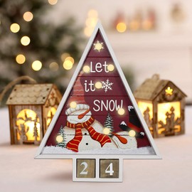 Wooden Advent Countdown Calendar with Lights and 2 Blocks - Days Until Christmas Countdown - Wood Snowman Santa Christmas Tree Tabletop Decoration Rustic Holiday Xmas Decor for Home (Snowman B)