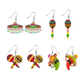 4Pairs Cinco De Mayo Piñata Sombrero Maracas Chili Pepper Racket Horse Hat Avocado Cactus Drop Dangle Earring Set for Women Acrylic Mexican Themed Statement Earring Fiesta Jewelry Gift-A s1
