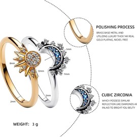 Reccisokz 2 Pieces Friendship Rings, Women's Rings Silver Sun and Moon Girls Open Adjustable Stress Relief Diamond Rings Analogue Zirconia Gold Rings Birthday Anniversary Wedding Gifts