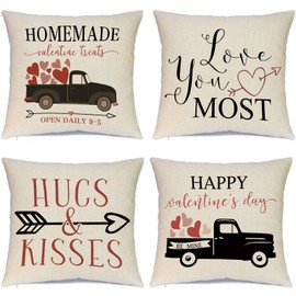 Hlonon Valentines Day Pillow Covers 16 x 16 Inches Set of 4 - Red Heart Truck Decor and Love Arrow Decor Throw Pillow Covers for Sofa Couch Cushion Cover