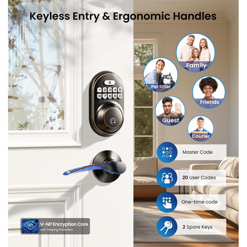 Veise Keyless Entry Door Lock with 2 Lever Handles -