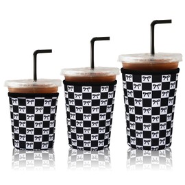 Reusable Ice Coffee Cup Sleeves for Cold Drink 16-32oz(Black Checked Bow)