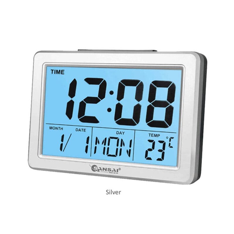 Sansai LCD Digital Alarm Clock Date/Temp Blue Backlight 12/24Hr Assorted