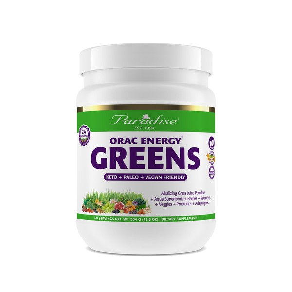 Paradise ORAC Energy Greens Powder Extract, Super Antioxidants, Probiotics for Gut Health & Digestion, Vitamin C for Immunity, with Spirulina & Chlorella, Non-GMO, Gluten Free, 60 Servings