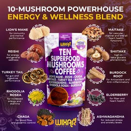 WIXAR Superfood Mushroom Coffee - Instant Coffee Powder, Ten Superfood Extracts with Lion's Mane, Turkey Tail, Reishi, Chaga, Shiitake, Ashwagandha, Rhodiola Rosea, Elderberry, 5oz Mushroom Supplement