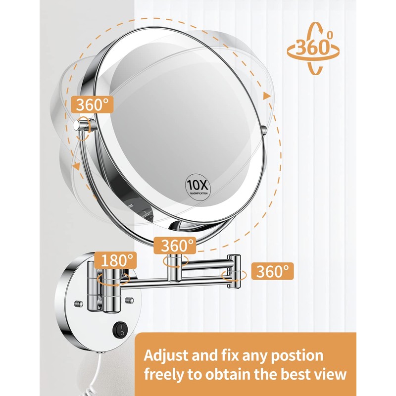 Gospire 9” Wall Mounted Lighted Magnifying Mirror, 1X/10X Magnification Double-Sided