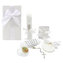 Baptism Candle Set for Boys Girls,White 5 PCS Baptism Kit Virgen De Guadalupe Catholic Candle,Baptism Towel,Baptism Shell,Rosary,Bible for Baby Dedication Christening Gift,Velas para Bautizo Niño
