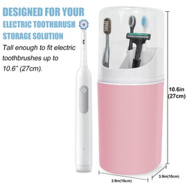 Tall Electric Toothbrush Holder with Cover, 10.6" Dust Proof Bathroom Caddy Fits Adults Electric Toothbrushes, Toothpaste, Wall Mount or Countertop Organizer with Removable Dividers, 4 Slots (Pink)