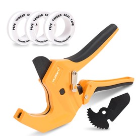 Mulwark PVC Pipe Cutter Tool Cuts up to 1-5/8", Heavy-Duty Aluminum Ratchet Cutter with Extra 3PC Teflon Tape and 1PC Blade for Cutting PVC, PPR, PE and Rubber Hose