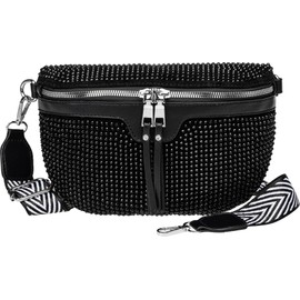 Caspar TS1075 Stylish Large XL Women's Crossbody Bum Bag with Rhinestone Sequins, black