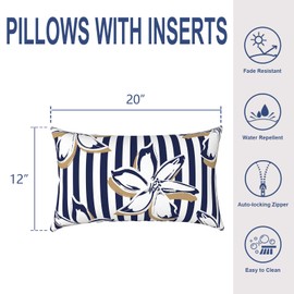 Melody Elephant Outdoor/Indoor Lumbar Pillows, Water Repellent Cushion Pillows, 12x20 Inch, Outdoor Pillows with Inserts for Home Garden, Pack of 2, Clemens Cabana Navy