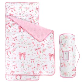 Jundetye Toddler Nap Mat with Pillow and Plush Blanket, Kids Sleeping Bags for Preschool Daycare, Slumber Bags for Girls Boys Ages 3-7 Years, 55'' x 23'', Pink Rose