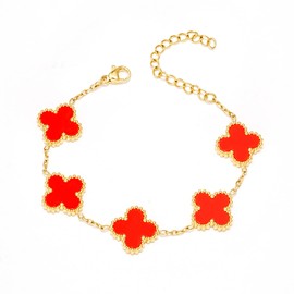 BRAYEG 18K Gold Plated Four-Leaf Clover Flower Bracelet for Women - Lucky Charm Jewelry Gift, Adjustable & Hypoallergenic, Non Tranish (Red), Classic Trendy Minimalist Design