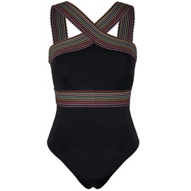 Hilor Traje de baño de una pieza para mujer con parte delantera cruzada, trajes de baño huecos, monokinis, Franjas Negras, 14