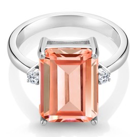 Gem Stone King 6.38 Cttw Peach Nano Morganite and White Topaz Ring For Women | 925 Sterling Silver | Emerald Cut 14x10MM | Gemstone October Birthstone | Available In Size 5, 6, 7, 8, 9