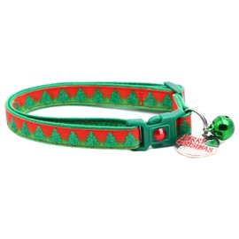 Christmas Cat Collar with Bell | Safety Breakaway Collar | Adjustable Large Size or Kitten Collar (Glitter Trees on Red & Green, Large(10lbs & Up))