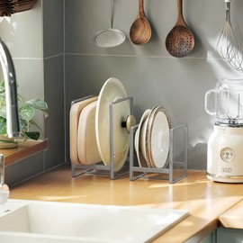 MINGFANITY 4PCS Plate Holders Organizer, Metal Dish Storage Dying Display Rack for Cabinet, Counter and Cupboard, Grey,2 Small and 2 Large