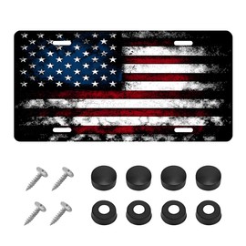 DXNQ Vintage American Flag License Plate, Personalise USA Flag Car Front License Plate Tag with 4 Screws, Aluminum Metal Rust-Proof Patriotic US Flag Vanity Tag Auto Plate Decor (Black & Red)