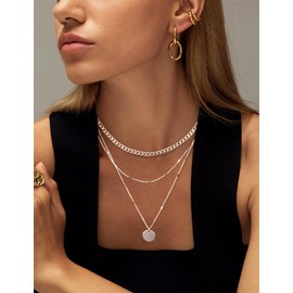 Relveo Layered Silver Necklaces for Women,14K Silver Stackable Choker Necklaces for Women Dainty Simple Necklace Set Layering Cuban Circle Pendant Chain Jewelry Set Trendy Necklace