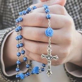 Blue Pearl Beads Rosary Necklace with Lourdes Medal & Jesus Cross Catholic Prayer Beads for Men and Women Spiritual Gift for Religious Occasions