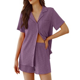 Ekouaer Pajamas 2 Piece Lounge Sets Ribbed Knit Sleepwear Button Down Loungewear Shorts pjs Summer Outfit,Dark Purple,S
