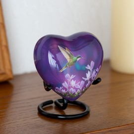 Olivia Memorials - Urna de corazón para cenizas, mujeres, hombres y adultos, mini urna de colibrí para mujeres y hombres, cuidadosamente hecha a mano, decorativa funeraria, pequeña urna morada para