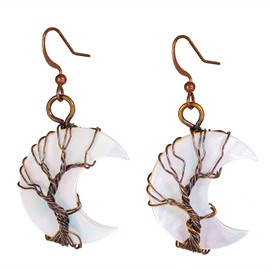 TUMBEELLUWA Crescent White Shell Crystal Tree Earrings Half Moon Handmade Wire Wrapped Dangle Drop Earrings for Women, Copper Color