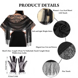 Women Lace Wraps Shawlsn with Lace Glove, Soft Mesh Fringe WrapsTriangle Scarf Shawl for Wedding Evening Party Dresses