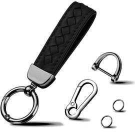 Genuine Leather Car Keychain with 2 Key Rings,Car Fob Key Keychain Holder with 360 Degree Rotatable Snap Swivel and Anti-Lost D-Ring for Men Women