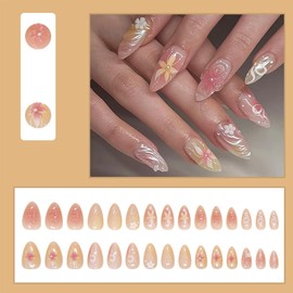 30 Pcs Flower Press on Nails Medium Almond Fake Nails Full Cover Nude Pink False Nail with Pearl Design Gradient Glue on Nails Glossy Artificial Acrylic Nail Stiletto Nail Tips for Women