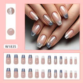 24 Pcs Blue French Tip Press on Nails with Silver Leaves Glitter Designs Medium Square Shaped Fake Nails Sparkly False Nails Nude Glossy Acrylic Nails Full Cover Stick on Nails for Women Daily Wear