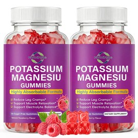 2 Pack Potassium Magnesium Gummies – Magnesium Glycinate & Potassium Citrate with Vitamin D3 & B6, High Absorption, Muscle & Electrolyte Support, Vegan Raspberry Flavor, 120 Count
