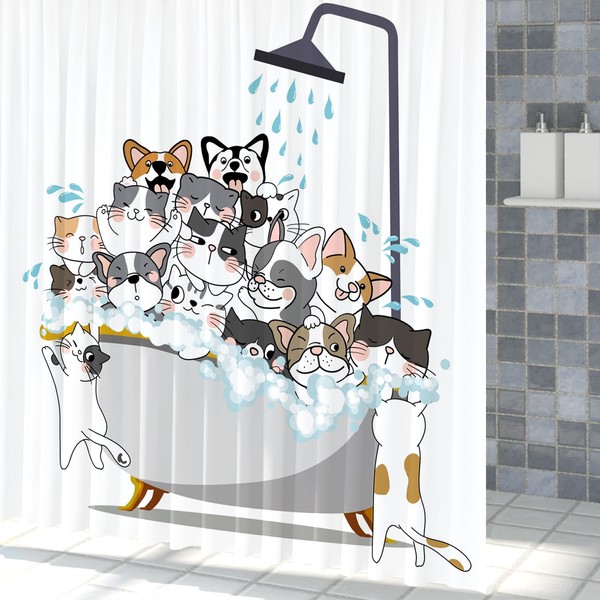 XXSCNOZ Cute Children's Cat and Dog Shower Curtain Kids Cartoon Animal Pattern Colourful Fun Pet Claw Bathroom Waterproof Fabric Accessories (W72 x H 72 inches) 12 Hooks