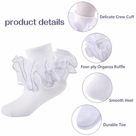 MKYSZLT Girls Ruffle Socks Toddler 4-Layer Big Lace Frilly Dress Socks Turn Cuff Fancy Pageant Sock for Baby Girl Little Kids (US, Age, 4 Years, 6 Years, white - 1 pair)
