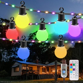 GreenClick Outdoor String Lights 41ft 20 Dimmable Bulbs+80 LED Beads,RGB Patio Lights with Remote,IP65 Waterproof Shatterproof Color Changing String Lights USB Plug for Outside Garden Yard Party Decor