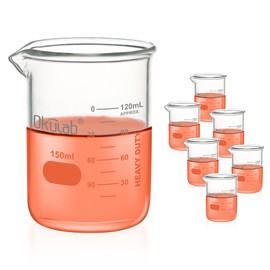 Okulab Heavy Duty Glass Beaker Set, Thick-Walled 3.3 Borosilicate Glass Beakers, with Double Scale Printed Graduation, 6pcs of Vol.150ml, HBKG150A6