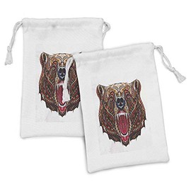 Ambesonne Bear Fabric Pouch Set of 2, Patterned Head of Wild Predator Growling Eastern Motifs Ornaments, Small Drawstring Bag for Toiletries Masks and Favors, 9" x 6", Brown Red Blue