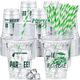 FoldTier 50 Pcs Golf Cups, 12 oz Disposable Plastic Cups with Straws and Lids Golf Clear mug Birthday Bachelor mugs Supplies Birthday Table Decorations Party Favor