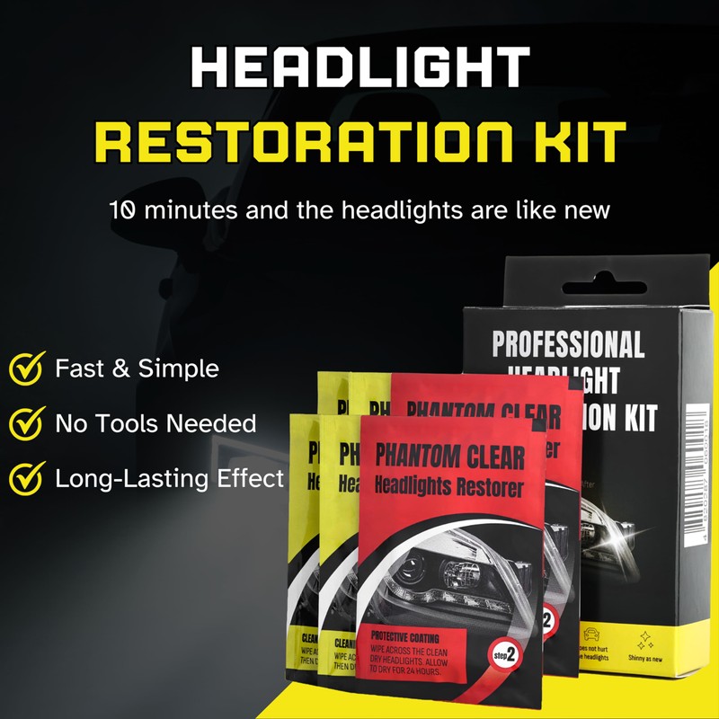 Phantom Clear 3-Step Headlight Restoration Kit – Removes Yellowing, Haze