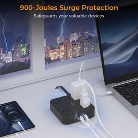 Flat Plug Power Bars with Surge Protector, Flat Extension Cord Indoor 15 Feet, TESSAN Power Strip with 4 Multiple Outlets 3 USB Ports (1 USB C), Surge Protection for Dorm Room Home Office, Pure Black