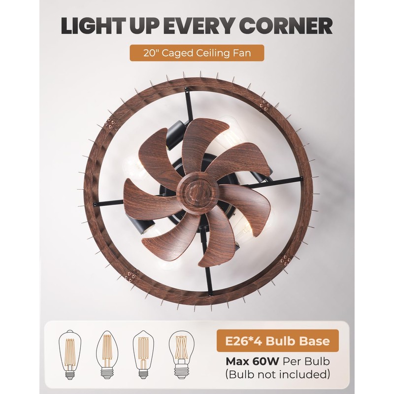 Yituplyee Flush Mount Ceiling Fans with Lights and Remote,Wood Caged