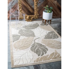 Unique Loom Outdoor Botanical Collection Warm Colors Leafs Transitional Indoor and Outdoor Flatweave Beige Area Rug (7' 0 x 10' 0)
