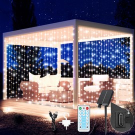 Upgraded Solar Curtain Lights, 300 LED Outdoor Waterproof Solar Powered Waterfall String Lights for Patio Gazebo Backdrop Garden with USB Rechargeable Remote Hanging Twinkle Curtain Fairy Lights