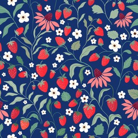 VaryStyle 17.7"x393" Strawberry Floral Peel and Stick Wallpaper Navy Blue/Red Nature Floral Wallpaper Removable Waterproof Vinyl Stick on Wall Paper Navy Blue Contact Paper for Walls Nursery Drawers