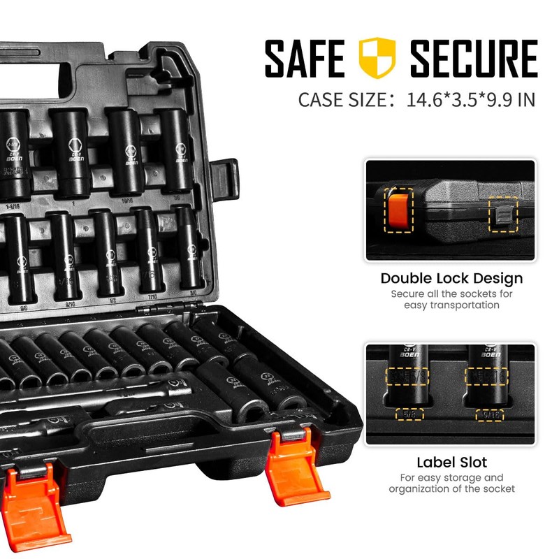 BOEN 35-Piece 1/2" Drive Deep Impact Socket Set - SAE