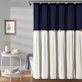 Lush Decor Linen Button Farmhouse Shower Curtain Pleated Two Tone Design for Bathroom, 72" x 72", Navy & Off-White