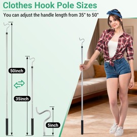 Greeily Clothes Hook Pole, High Reach Garment Hook for Hanging Clothes Light and Plants Extendable from 35" to 50" Made of Stainless Steel Tube with Sponge Handle(1)