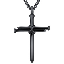 LineAve Men's Stainless Steel Nail Rope Cross Pendant Necklace, Black-Color, 3d0015