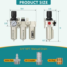 3/4" NPT Industrial Air Dryer for Compressor,3 Stage Air Compressor Water Separator System,Filter Oil Water Separator Dryer for Plasma Cutter and Paint Spray,Manual Drain